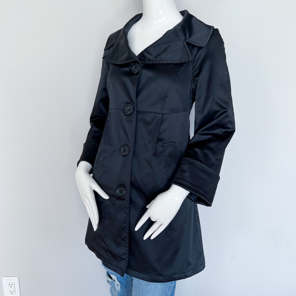 Motivi | Black Satin Peacoat Empire Waist Overcoat Jacket Fitted Dress Coat US4 - Picture 2 of 10